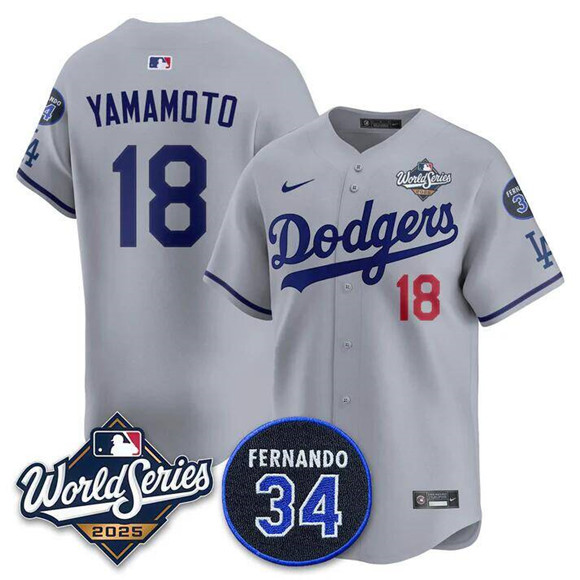 Men's Grey Los Angeles Dodgers #18 Yoshinobu Yamamoto 2025 World Series With No.34 Patch Limited Stitched Baseball Jersey